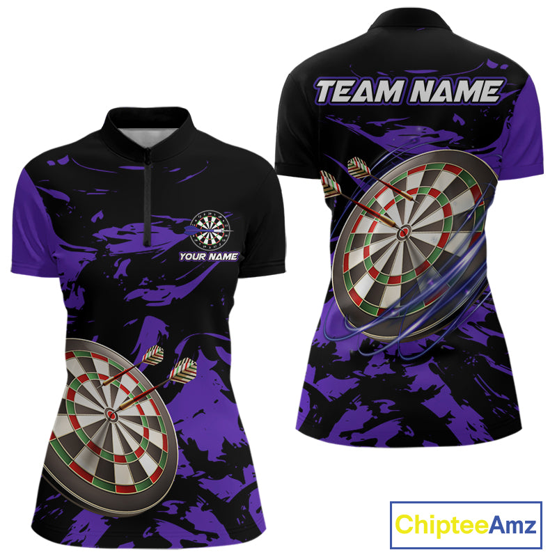 Personalized Black And Purple Splash Dart Polo & Quarter Zip Custom Dart Shirt For Women Dart Jersey TDM4169