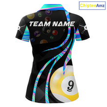 Load image into Gallery viewer, Holographic 8 ball and 9 ball billiard polo shirt for women with custom pool team graphics.