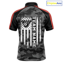 Load image into Gallery viewer, Grey camouflage American flag 8 ball billiard polo shirt for men with custom pool team graphics.