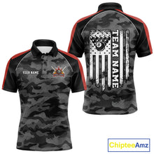 Load image into Gallery viewer, Grey camouflage American flag 8 ball billiard polo shirt for men with custom pool team graphics.