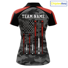 Load image into Gallery viewer, Red camouflage American flag 8 ball billiard polo shirt for women with custom pool team graphics.