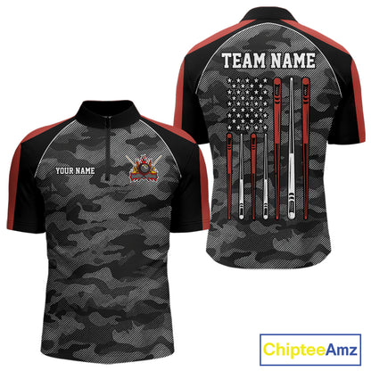 Red camouflage American flag 8 ball billiard quarter zip shirt for men built for tournaments and league competition.