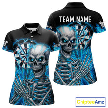 Load image into Gallery viewer, Blue Flaming Lightning Skeleton Darts Shirt For Women Custom Darts Jersey Team Polo &amp; Quarter Zip TDM4344