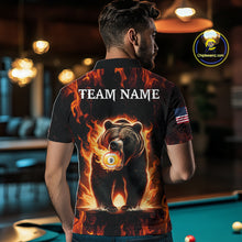Load image into Gallery viewer, Man wearing custom funny bear 8 ball and 9 ball pool fire flame billiard team jersey polo shirt featuring the colorful bear artwork, back view.