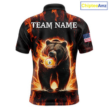 Load image into Gallery viewer, Custom funny bear 8 ball and 9 ball pool fire flame billiard team jersey polo shirt for men featuring a colorful flaming bear design, premium custom pool league apparel for tournaments.