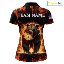 Load image into Gallery viewer, Custom funny bear 8 ball and 9 ball pool fire flame billiard team jersey polo shirt for women featuring a colorful flaming bear design, premium custom pool league apparel for tournaments.