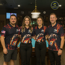 Load image into Gallery viewer, Billiard team wearing matching custom funny bear 8 ball and 9 ball fire flame pool jerseys featuring the vibrant bear design, front view.