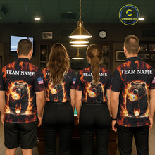 Load image into Gallery viewer, Billiard team wearing matching custom funny bear 8 ball and 9 ball fire flame pool jerseys featuring the vibrant bear design, back view.