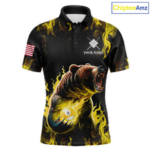 Load image into Gallery viewer, Custom yellow flaming 9 ball pool bear billiard team jersey polo shirt for men featuring a fierce bear with blazing flame artwork, premium pool league apparel for tournaments and competitive play.