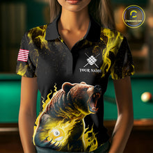 Load image into Gallery viewer, Woman wearing custom yellow flaming 9 ball pool bear billiard team jersey polo shirt featuring the fiery bear artwork, front view.