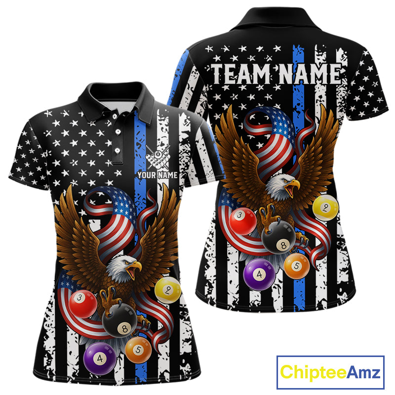 Billiard Eagle American Flag Stripes Pool Jersey For Women Custom Patriotic Billiard Team Shirt|Blue TDM4982