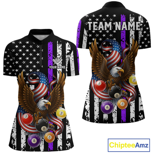 Billiard Eagle American Flag Stripes Pool Jersey For Women Custom Patriotic Billiard Shirt|Purple TDM4984