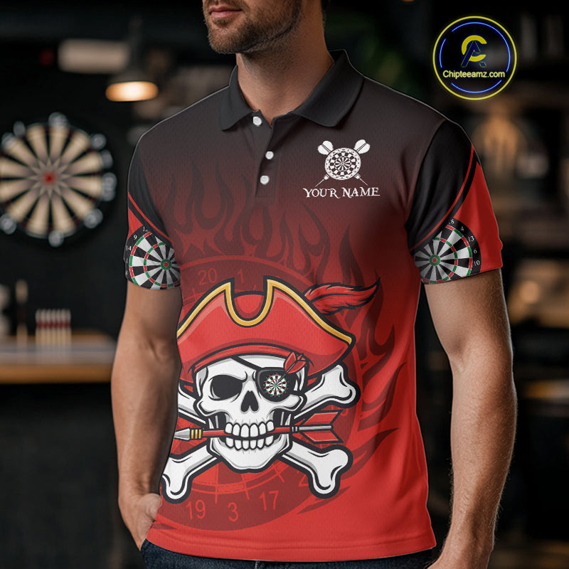 Red Black Funny Pirate Flame Skull Darts Shirt For Men Custom Dart Jerseys Team Polo & 1/4 Zip TDM5177