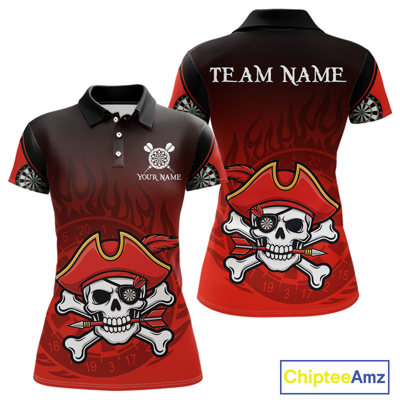 Red Black Funny Pirate Flame Skull Darts Shirt For Women Custom Dart Jerseys Team Polo & 1/4 Zip TDM5177