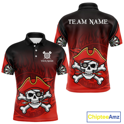 Red Black Funny Pirate Flame Skull Darts Shirt For Men Custom Dart Jerseys Team Polo & 1/4 Zip TDM5177