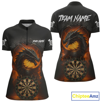 Personalized Black Grey Dragon Darts Shirt For Women Custom Fire Dart Jersey Team Polo & 1/4 Zip TDM5179