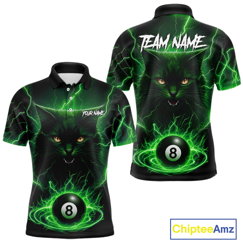 Green 8 Ball Thunder Lightning Cat Billiard Shirt For Men Custom Pool Team Jersey Polo & 1/4 Zip TDM5696