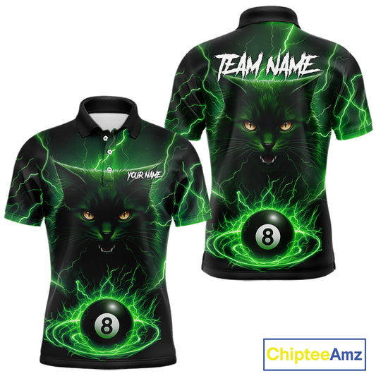 Green 8 Ball Thunder Lightning Cat Billiard Shirt For Men Custom Pool Team Jersey Polo & 1/4 Zip TDM5696