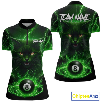 Green 8 Ball Thunder Lightning Cat Billiard Shirt For Women Custom Pool Team Jersey Polo & 1/4 Zip TDM5696