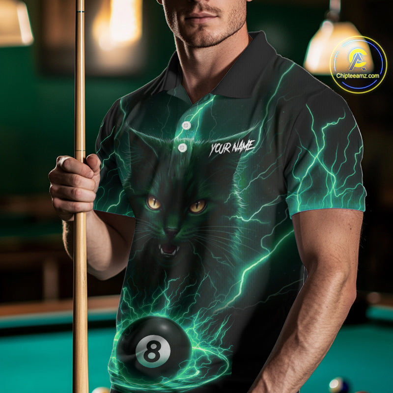 Turquoise 8 Ball Lightning Cat Billiard Shirt For Men Custom Pool Team Jersey Polo & 1/4 Zip TDM5697