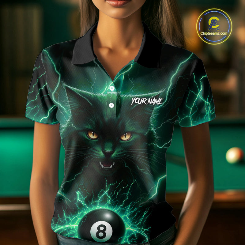 Turquoise 8 Ball Lightning Cat Billiard Shirt For Women Custom Pool Team Jersey Polo & 1/4 Zip TDM5697