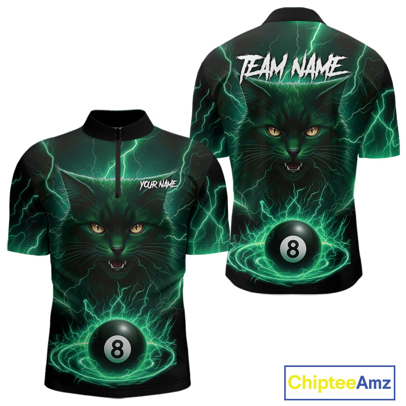 Turquoise 8 Ball Lightning Cat Billiard Shirt For Men Custom Pool Team Jersey Polo & 1/4 Zip TDM5697