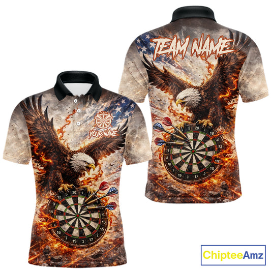 Personalized Grunge Fire Eagle Darts Shirt For Men, Patriotic Darts Jersey Team Polo & 1/4 Zip TDM5911