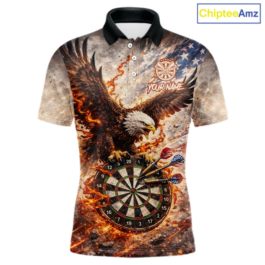 Personalized Grunge Fire Eagle Darts Shirt For Men, Patriotic Darts Jersey Team Polo & 1/4 Zip TDM5911