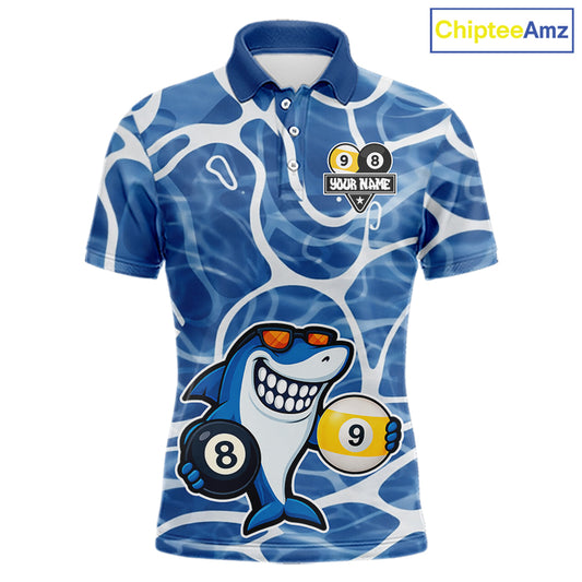 Blue Funny Shark 8 Ball & 9 Ball Billiard Shirt For Men Custom Pool Team Jersey Polo & 1/4 Zip TDM6056