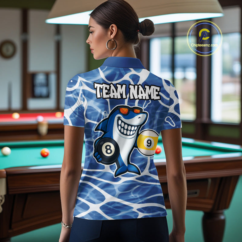 Blue Funny Shark 8 Ball & 9 Ball Billiard Shirt For Women Custom Pool Team Jersey Polo & 1/4 Zip TDM6056