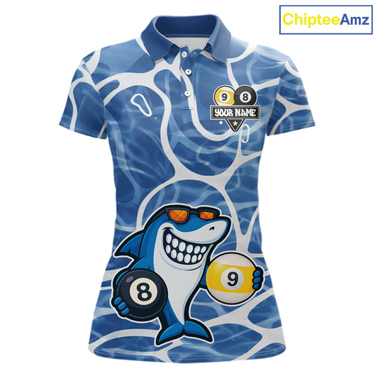 Blue Funny Shark 8 Ball & 9 Ball Billiard Shirt For Women Custom Pool Team Jersey Polo & 1/4 Zip TDM6056