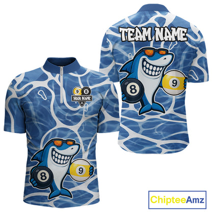 Blue Funny Shark 8 Ball & 9 Ball Billiard Shirt For Men Custom Pool Team Jersey Polo & 1/4 Zip TDM6056