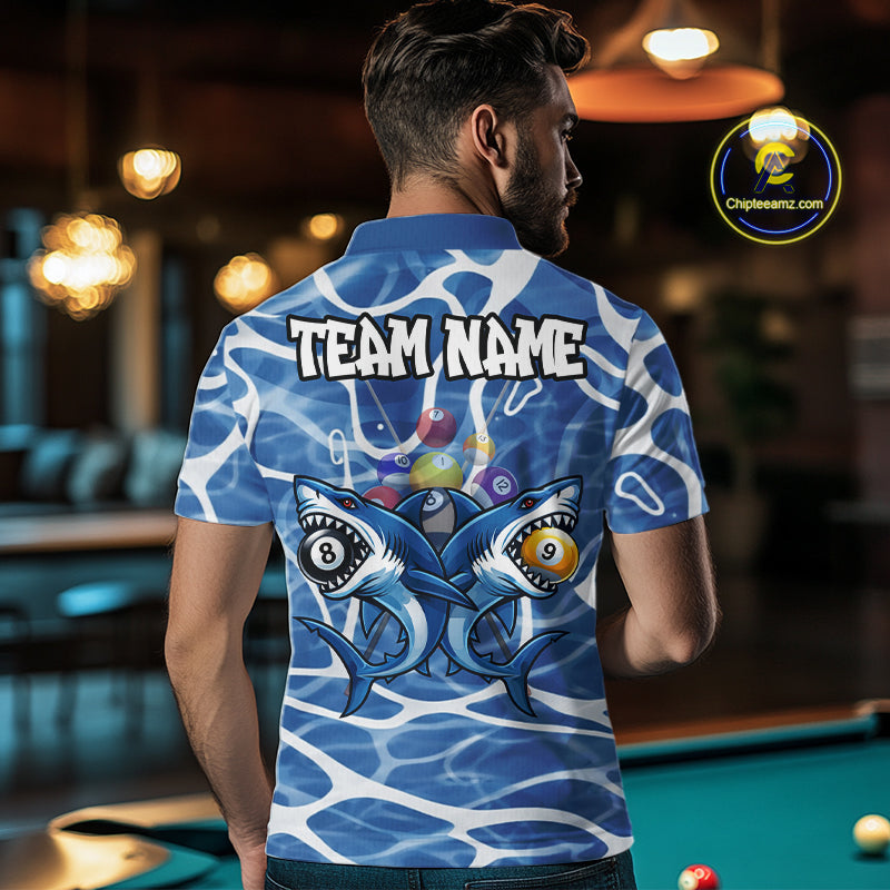Blue Funny Shark 9 Ball & 8 Ball Billiard Shirt For Men Custom Pool Team Jersey Polo & 1/4 Zip TDM6057