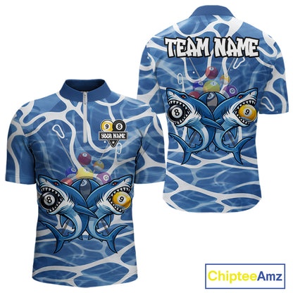 Blue Funny Shark 9 Ball & 8 Ball Billiard Shirt For Men Custom Pool Team Jersey Polo & 1/4 Zip TDM6057