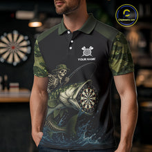 Load image into Gallery viewer, Funny Green Camo Skeleton Fishing Dart Shirt For Men With Pocket Option TDM3969