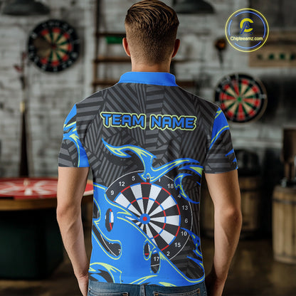 Custom Black And Blue Tribal Flame Dart Shirts For Men, Darts Team Jerseys Polo & Quarter Zip TDM3970