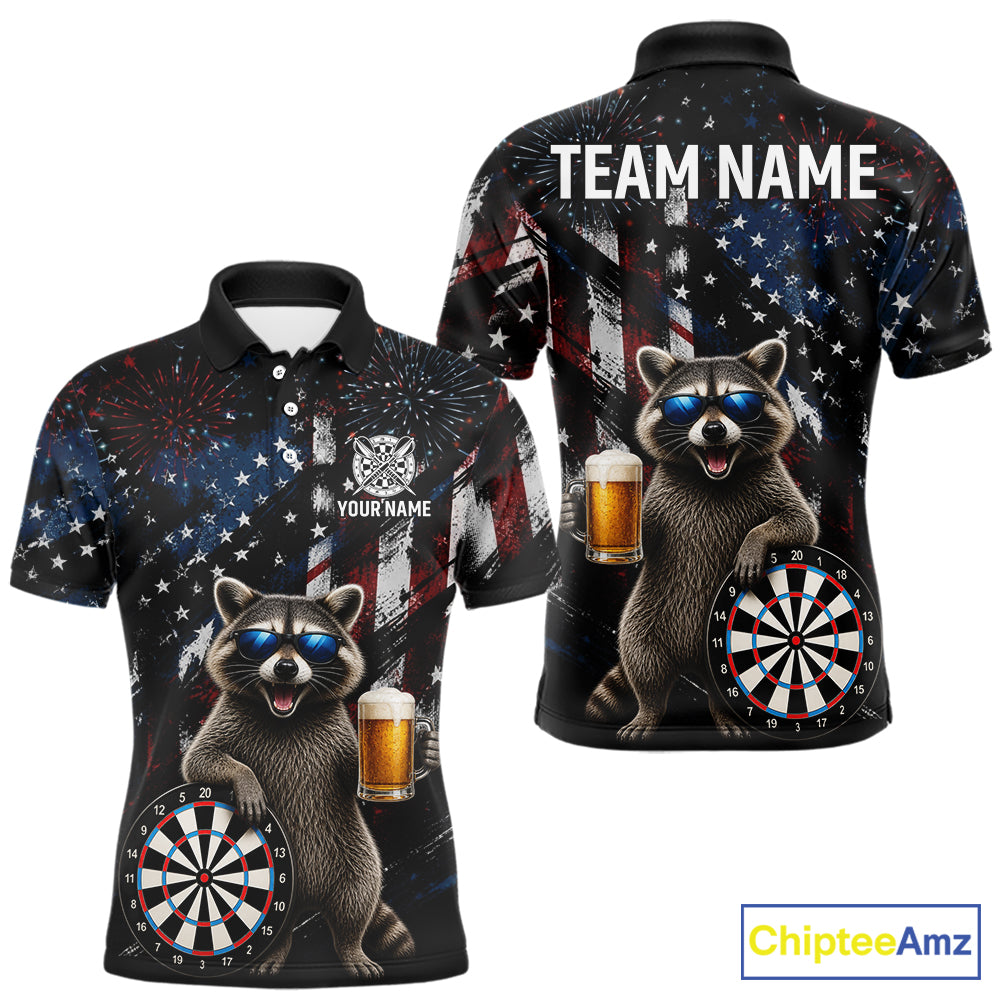 Funny Raccoon Grunge American Flag Darts Shirt For Men Custom Darts Jersey Team Polo & 1/4 Zip TDM6483