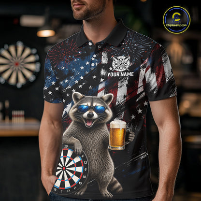 Funny Raccoon Grunge American Flag Darts Shirt For Men Custom Darts Jersey Team Polo & 1/4 Zip TDM6483