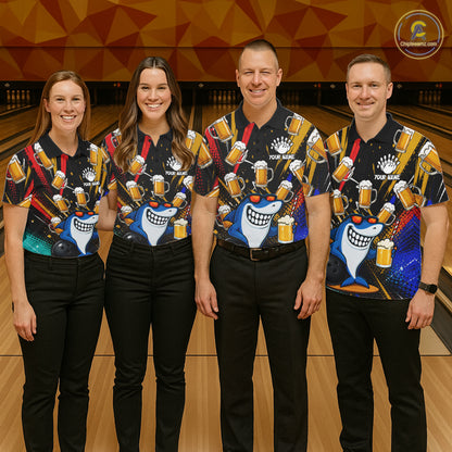 Colorful Graffiti Funny Shark And Beer Bowling Polo, 1/4 Zip For Men Custom Bowling Team Jersey TDM6488