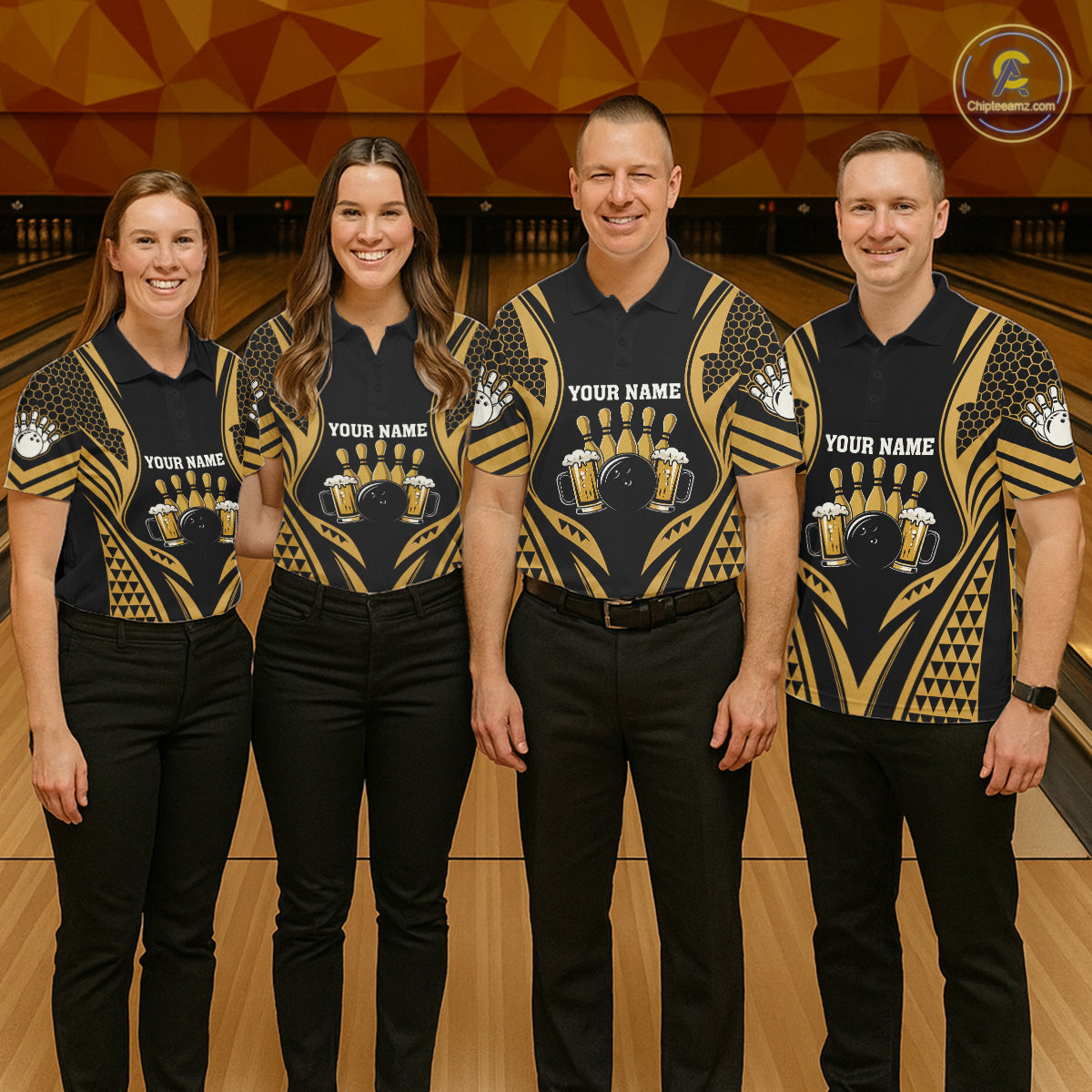 Bowling Team Wearing Black And Gold Tribal Beer Bowling Polo Shirts Front View