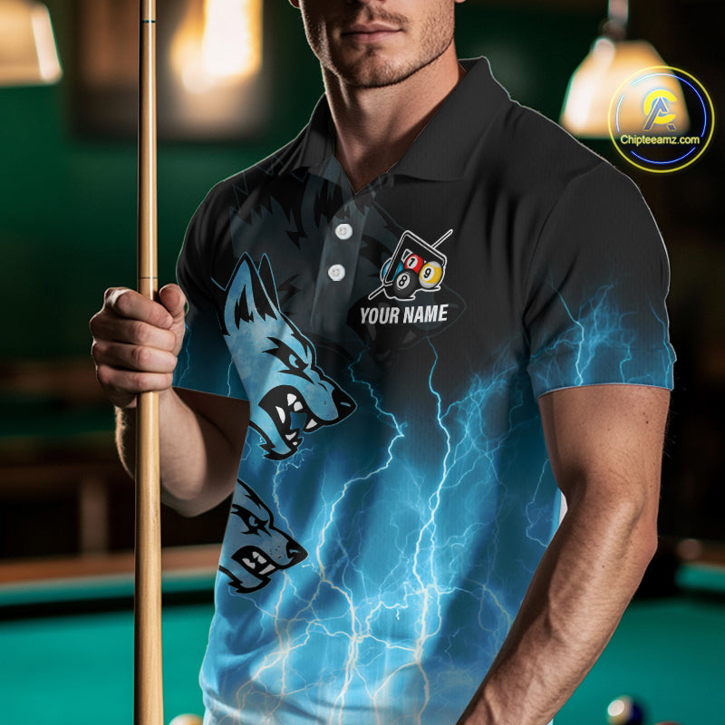 Custom Billiard Shirt For Men –  Blue Thunder Lightning Wolf Pool Balls Team Jersey Polo & 1/4 Zip TDM4558