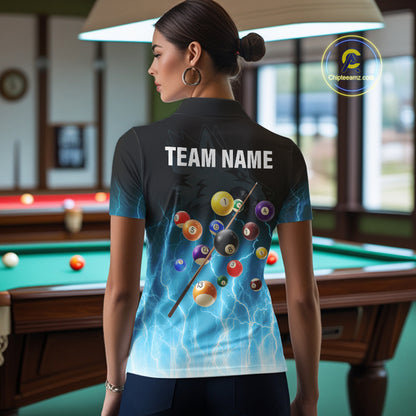 Custom Billiard Shirt For Women –  Blue Thunder Lightning Wolf Pool Balls Team Jersey Polo & 1/4 Zip TDM4558