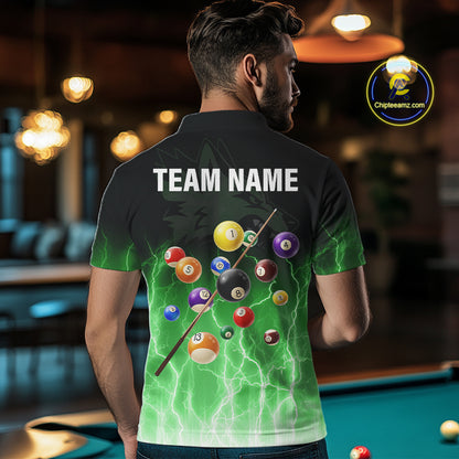 Custom Billiard Shirt For Men, Green Thunder Lightning Wolf Pool Balls Team Jersey Polo & 1/4 Zip TDM4560