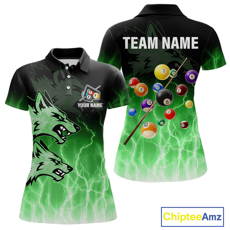 Custom Billiard Shirt For Women, Green Thunder Lightning Wolf Pool Balls Team Jersey Polo & 1/4 Zip TDM4560