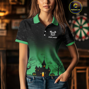 Custom Black And Green Halloween Darts Shirt For Women, Darts Jerseys Outfit Team Polo & 1/4 Zip TDM4566