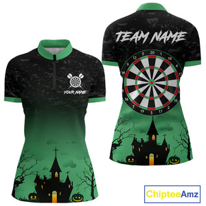 Custom Black And Green Halloween Darts Shirt For Women, Darts Jerseys Outfit Team Polo & 1/4 Zip TDM4566