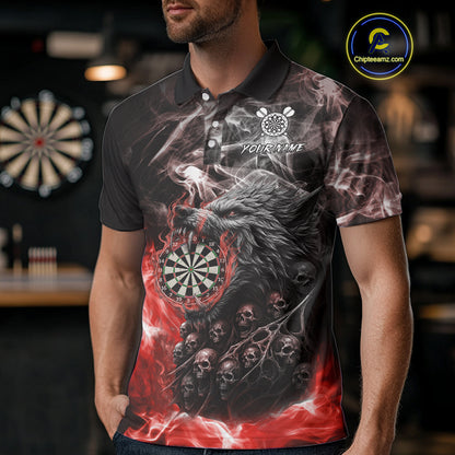 Personalized Wolf And Skull Smoke Red Mens Dart Shirts Custom Dart Jerseys Team Polo & 1/4 Zip TDM5185