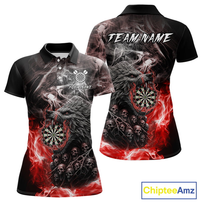 Personalized Wolf And Skull Smoke Red Womens Dart Shirts Custom Dart Jerseys Team Polo & 1/4 Zip TDM5185