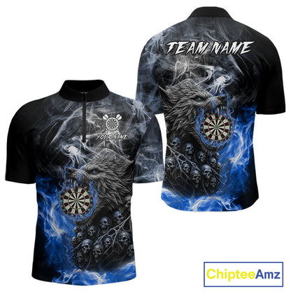 Personalized Wolf And Skull Smoke Blue Mens Dart Shirts Custom Dart Jerseys Team Polo & 1/4 Zip TDM5186