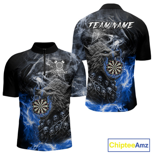 Personalized Wolf And Skull Smoke Blue Mens Dart Shirts Custom Dart Jerseys Team Polo & 1/4 Zip TDM5186